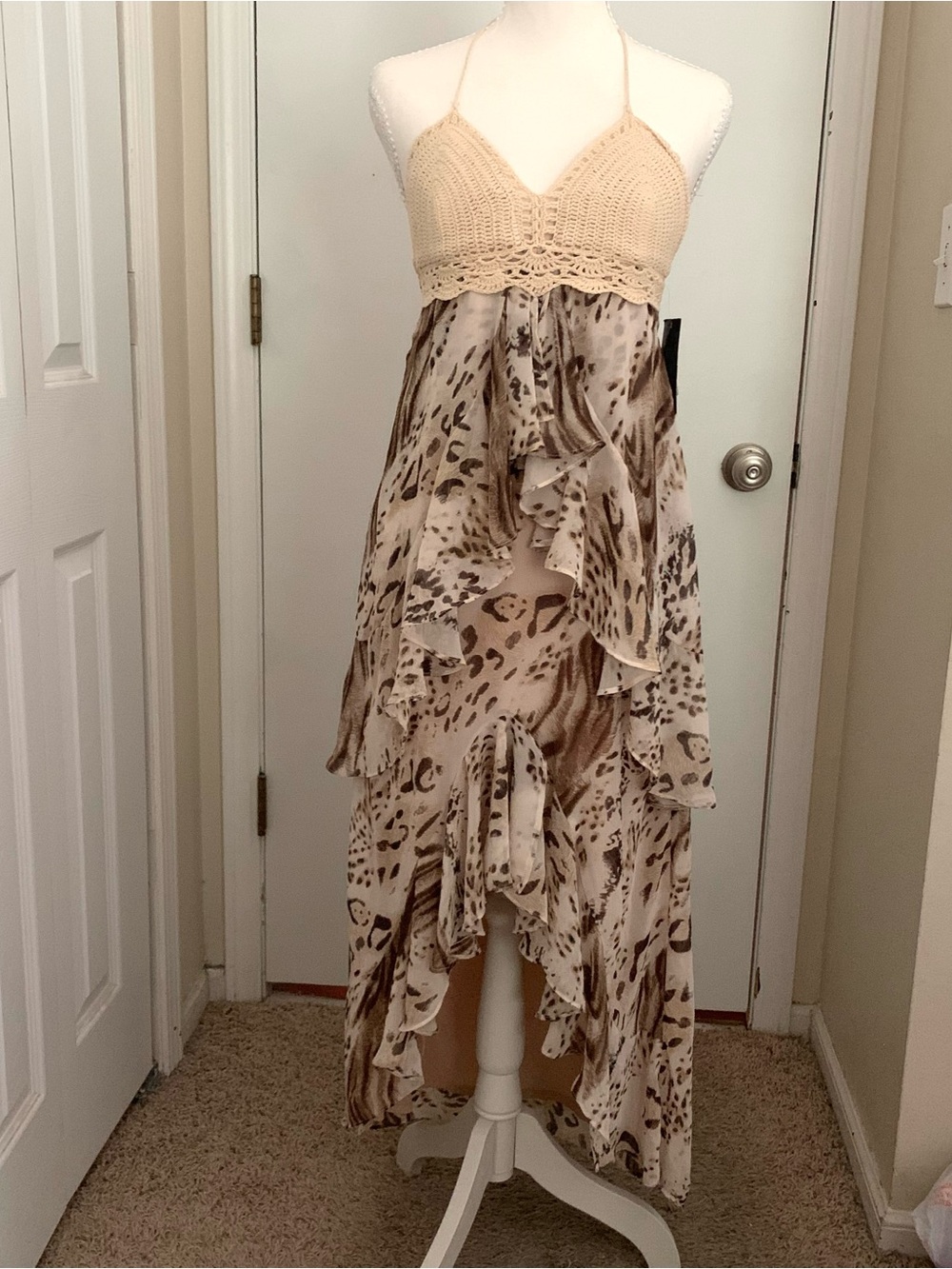 New Crochet Leopard Halter Maxi Dress Hi-Low Sundress Boho Summer Festival S